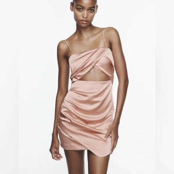 Zara dress satin effect bodycon mini party coctail cut out dusty rose - Picture 1 of 7